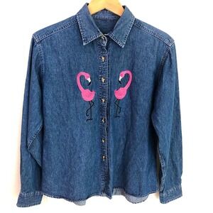 Vintage Y2K Denim Flamingo Airstream Camper Embroidered Button Down Shirt Medium